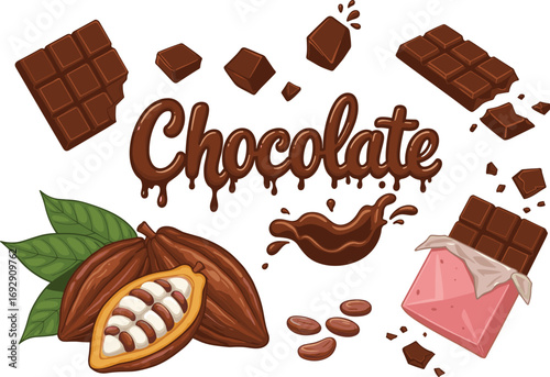 Chocolate clipart, cocoa vector set, chocolate bars, cacao beans, chocolate splash, sweet treats, dessert elements, candy, bakery design