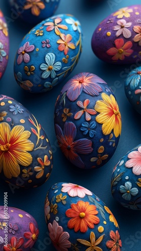 Colorful Decorated Eggs Arranged on Blue Background in Festive Display for Sp...