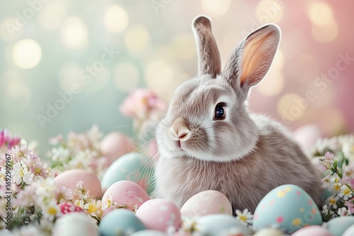 Cute Rabbit Surrounded by Pastel Easter Eggs and Flowers in a Colorful Spring...