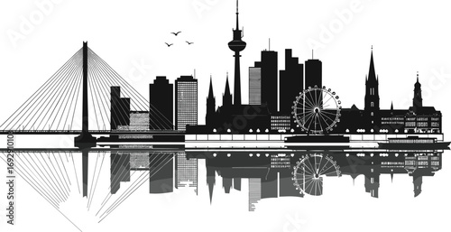 City skyline silhouette, black and white reflection, urban architecture, suspension bridge, Ferris wheel, birds flying, historical buildings, modern towers, waterfront view