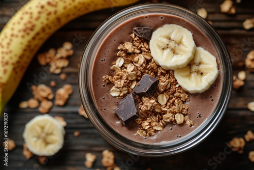 Healthy Banana and Chocolate Smoothie Bowl Topped With Granola and Banana Sli...
