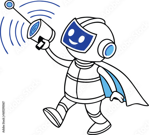 Friendly robot character with antenna sending signals, a cheerful and helpful AI companion