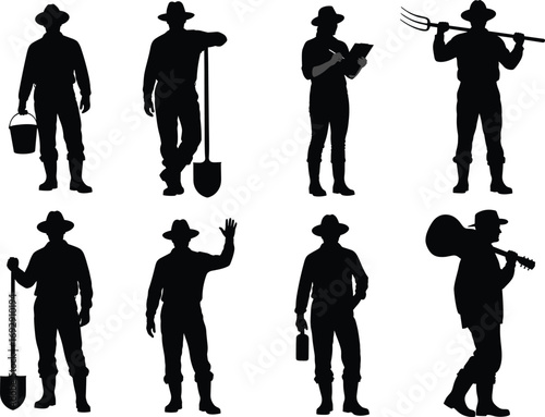 Cowboy silhouette collection, farming poses, rural lifestyle, agriculture tools, western worker actions, country life, vector illustration, black shadow, white background