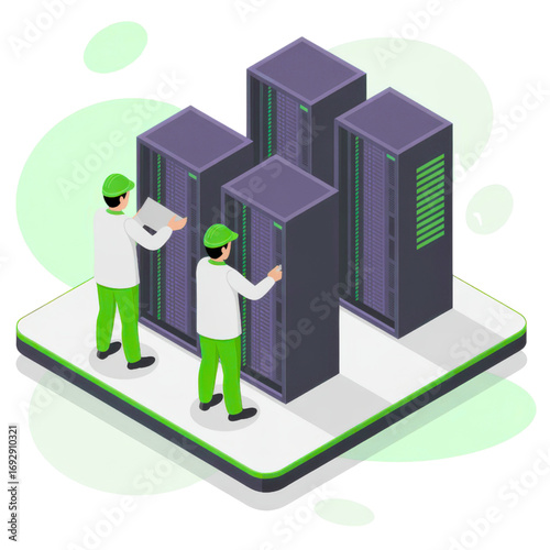 Isometric view of two technicians working on a server rack system setup on transparent background