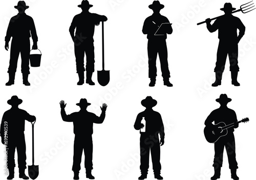 Cowboy silhouette in farming, musical, and rural poses, holding tools, guitar, bottle, shovel, pitchfork, bucket, vector illustration for country lifestyle