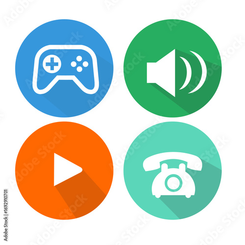 Iconic Quartet: A vibrant set of four circular icons, featuring a gaming controller, speaker, play button, and telephone handset, each rendered in a clean, modern style.
