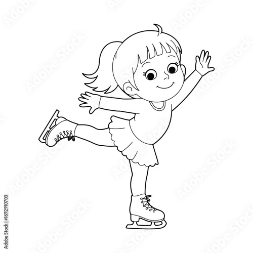 Cute cartoon illustration of a young girl figure skater in a dynamic pose wearing pink and teal outfit with white skates on white background