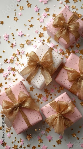 Gift Boxes Arranged Creatively With Golden Bows and Decorative Stars