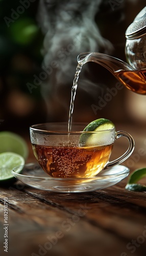 Hot Tea Being Poured Into a Glass Cup With a Slice of Lime in a Cozy and Warm...