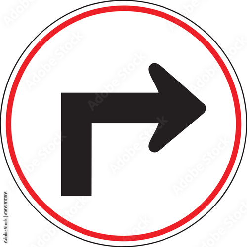 Clear road sign graphic indicating a right turn ahead with a black arrow on
