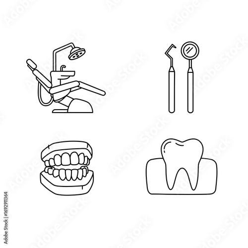 Dental tools and equipment for oral care in black and white style  