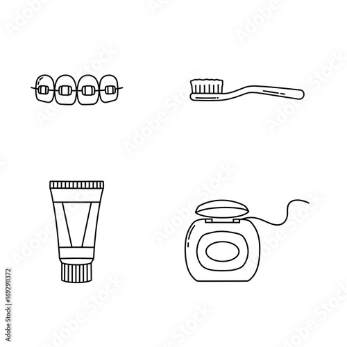 Dental care items including toothbrush, toothpaste, floss, and braces  