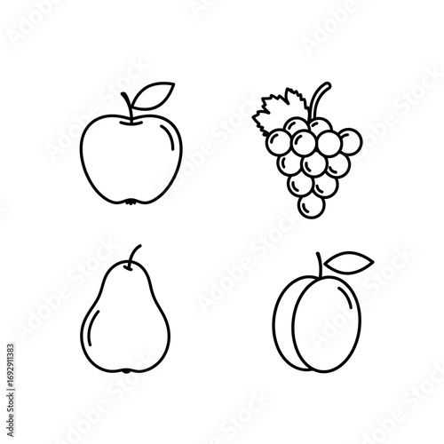Line drawings of apples, grapes, pears, and peaches on white background  