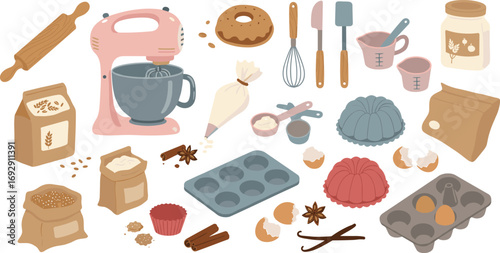 Baking vector set, kitchen tools, cooking ingredients, flour, mixer, whisk, rolling pin, cupcake mold, baking utensils, dessert preparation design