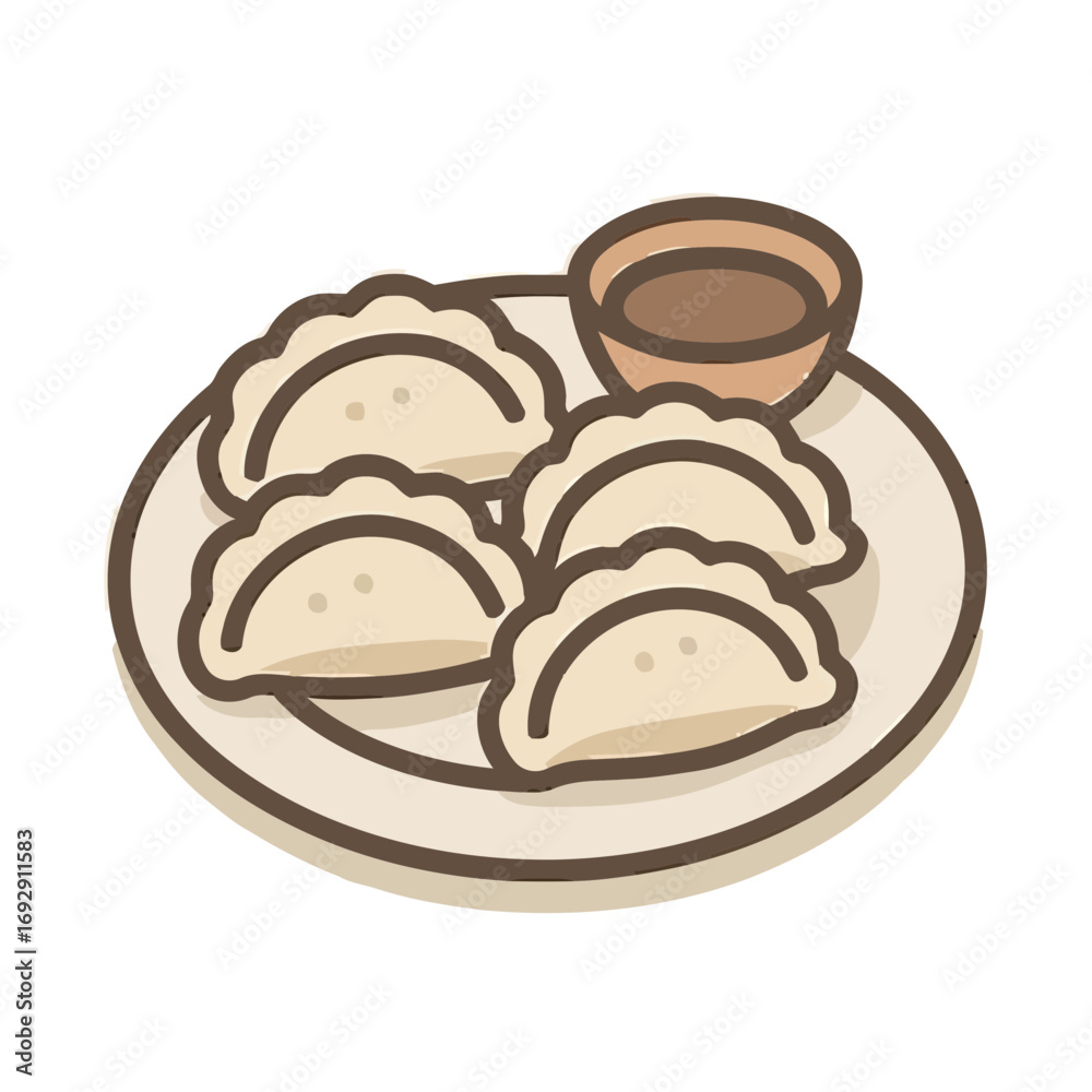 Plate of dumplings with dipping sauce on a white background Plate of dumplings with dipping sauce on a white background