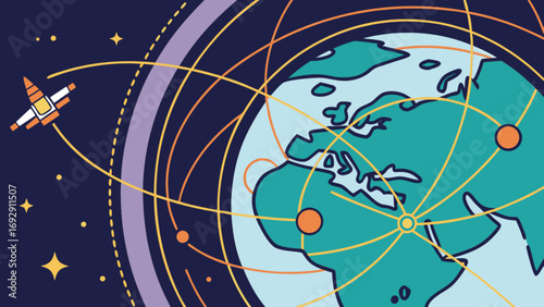 Global communication network with spaceship illustration for technology and business concept one hundred