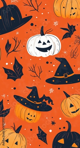 Colorful Autumn Landscape With Pumpkins and Bats During Halloween Season.