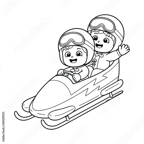 Cute cartoon illustration of two children riding a line art bobsled with helmets and goggles, wearing winter coats on white background