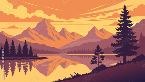 Beautiful landscape vector illustration of mountains lake and trees at sunset nature background scene 100