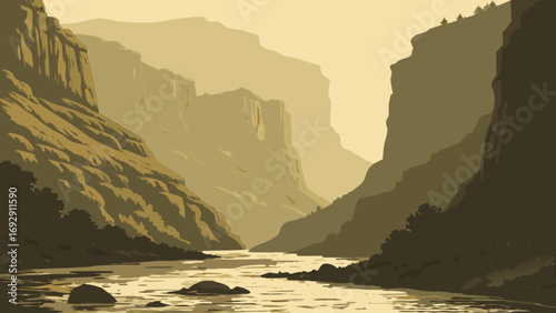 Vintage canyon landscape painting with river and mountains for travel and nature enthusiasts to explore