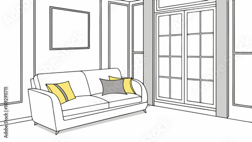 Modern living room interior design with sofa, window, picture frame and pillows home decor illustration