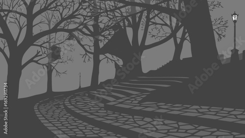 Eerie night park scene with cobblestone path, trees, and illuminated lamp post vector illustration