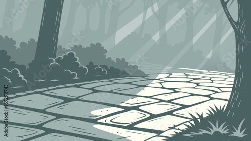 Illustration of a forest path with stone pavement and sunlight shining through the trees landscape scene art