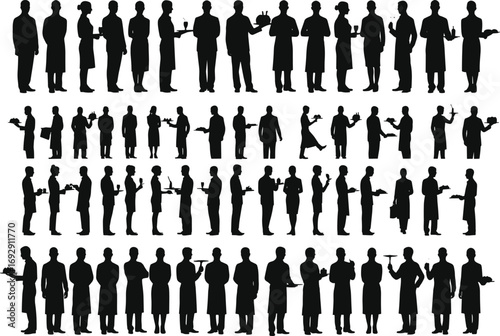 Hospitality staff silhouette, waiter serving drinks, waitress holding tray, restaurant service vector, catering team illustration, black people icons, professional poses