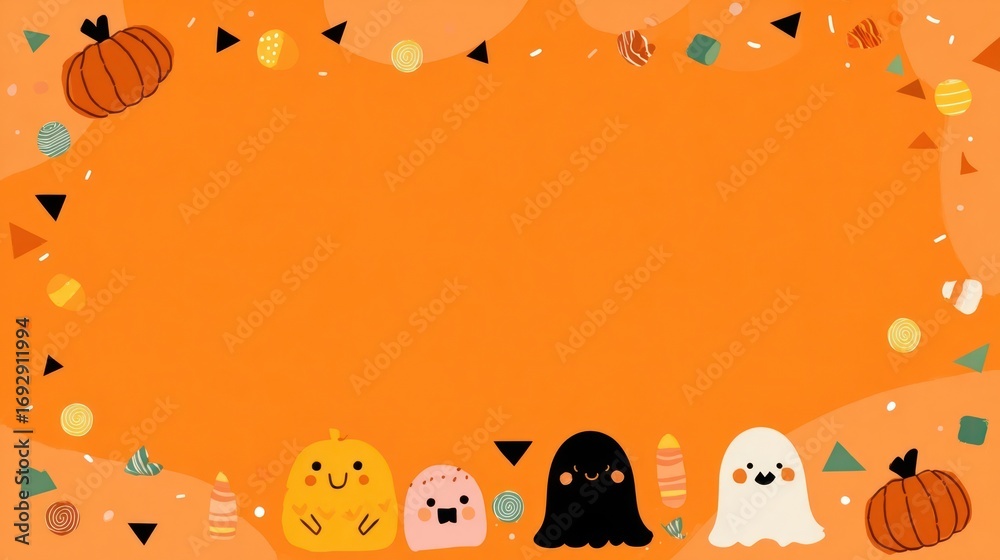 Fototapeta premium Halloween border with smiling ghosts and pumpkin against an orange background