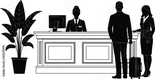 Hotel reception desk scene, black and white silhouette, guests with luggage, travel check-in, hospitality service, concierge counter, business trip, vacation arrival