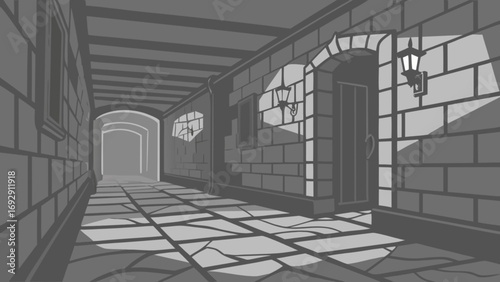 Illustration of a stone hallway with arches and wall lamps in grayscale for architectural design use