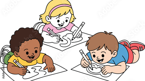 Cartoon children drawing together, creative kids art activity, preschool coloring time, happy diverse kids, classroom fun, educational vector illustration