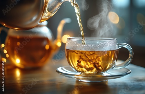 Warm Herbal Tea Being Poured Into a Clear Cup on a Wooden Table During a Cozy...