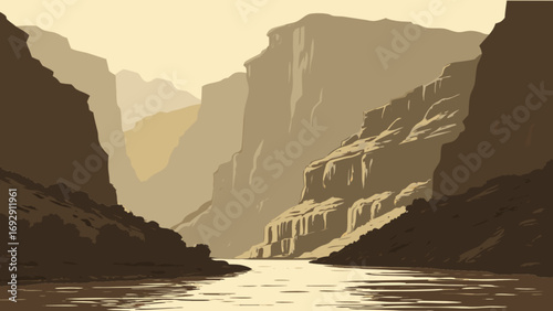 Explore scenic grand canyon landscape views with river flowing through canyon mountain range illustration art