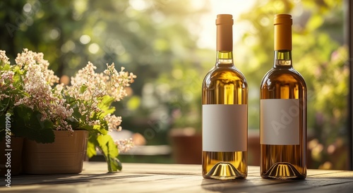 Bottles of White Wine Placed on a Table Near Flowers and Sunlight in a Cozy O...