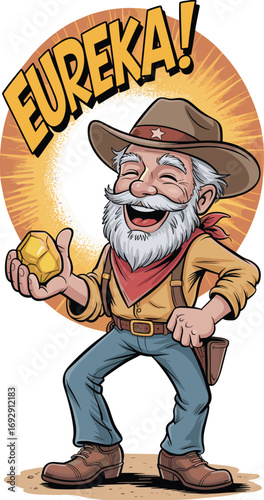 Cartoon gold miner shouting Eureka, prospector finds gold nugget, funny western character, treasure discovery, wild west adventure, happy cartoon man