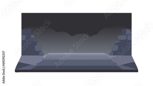 Dark dungeon background for game design illustration of stone platform and cave entrance fantasy scene vector