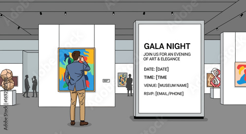 Art gala invitation design at a museum with people admiring artwork displayed on the walls