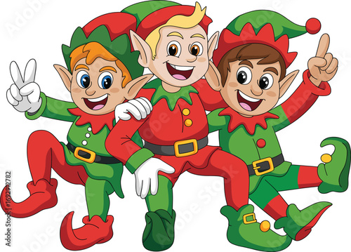 Cute Christmas elves illustration, festive winter holiday greeting card, Merry and Bright message, cartoon characters, holiday season decoration, snowflakes, joy