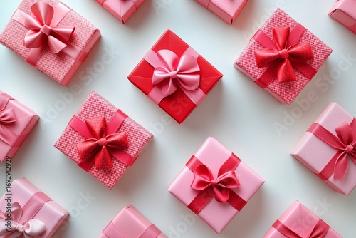 Colorful Wrapped Gifts Arranged Beautifully on a White Background for a Festi...