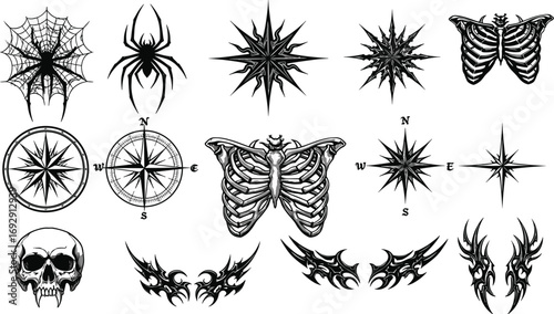 Gothic tattoo design set, skull, spider, compass rose, tribal flames, ribcage butterfly, starburst elements, dark ink art, vintage illustration
