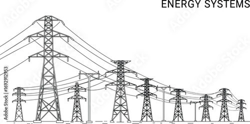 Electric power transmission towers, energy grid infrastructure, high voltage lines, power pylons, electricity network, utility poles, engineering, energy systems