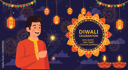 Diwali Celebration Invitation with Man Holding Sparkler and Festive Decorations