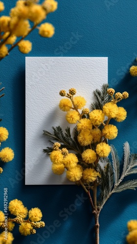 Bright Yellow Flowers and Textured Leaves Against a Vibrant Blue Backdrop Wit...