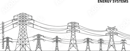 Electric power transmission towers, energy grid infrastructure, high voltage lines, power pylons, electricity network, utility poles, engineering, energy systems