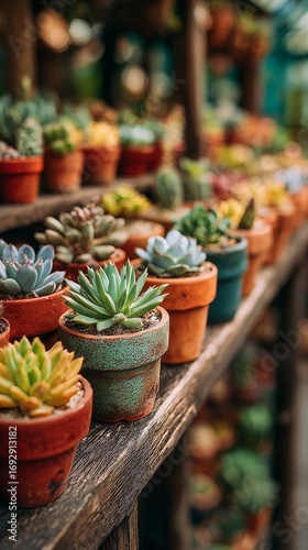 Vibrant Collection of Potted Succulents Arranged on Wooden Shelves in a Garden.
