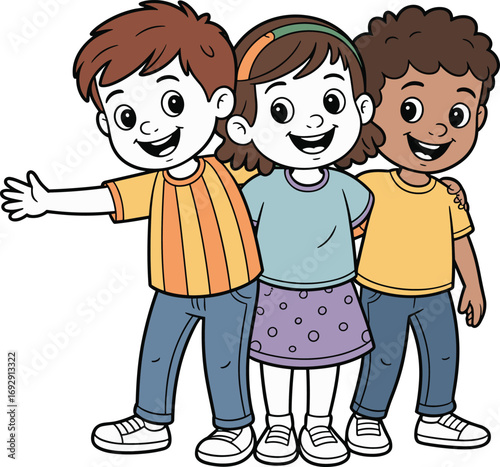 Happy cartoon kids standing together, group of smiling children, friendship illustration, diverse characters, fun teamwork drawing, joyful childhood vector art