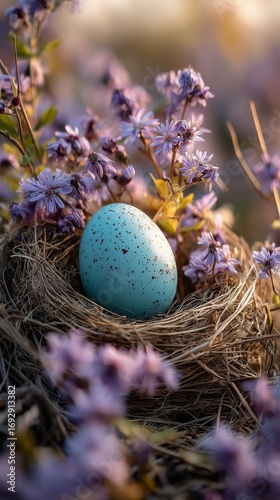 Nest Containing a Blue Speckled Egg Surrounded by Purple Flowers at Sunset in...