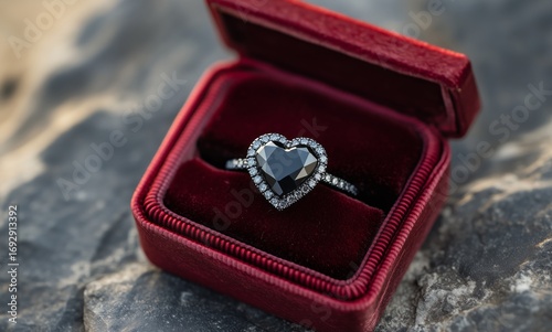 Stunning Heart-Shaped Black Ring Displayed in Luxurious Red Velvet Box on a R...