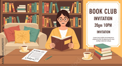 Invitation to a book club meeting with a woman reading a book and enjoying coffee